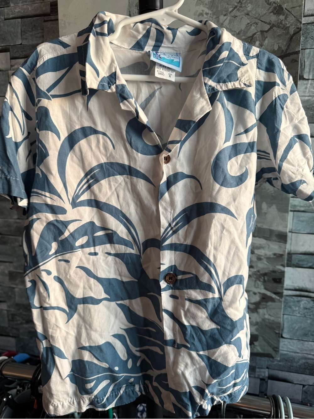 Blue & White Tropical Print Short-Sleeve boy's Aloha Shirt